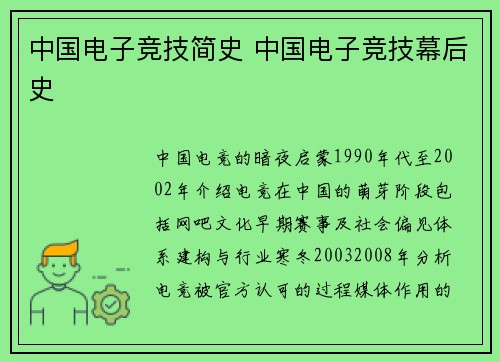 中国电子竞技简史 中国电子竞技幕后史