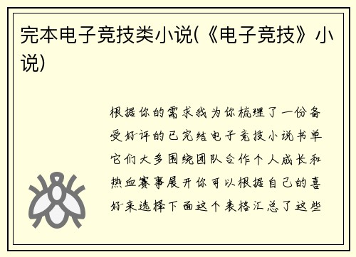 完本电子竞技类小说(《电子竞技》小说)